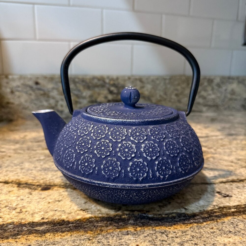 Blue Cast Iron Teapot Floral Pattern Japanese Style